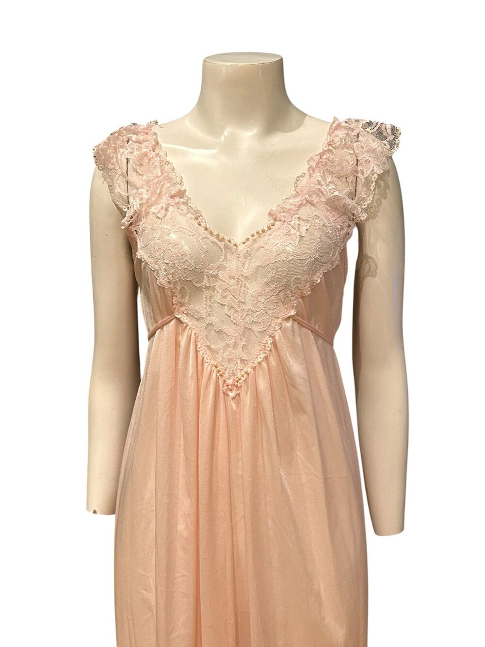 Vintage Pink Lace Nightgown Maxi Dress Peignoir Lingerie Pearl Trim Medium -